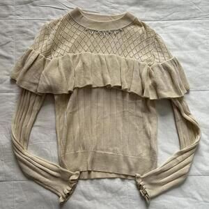 Axes Femme cream long sleeve sweater with ruffles beaded and pointelle detailing